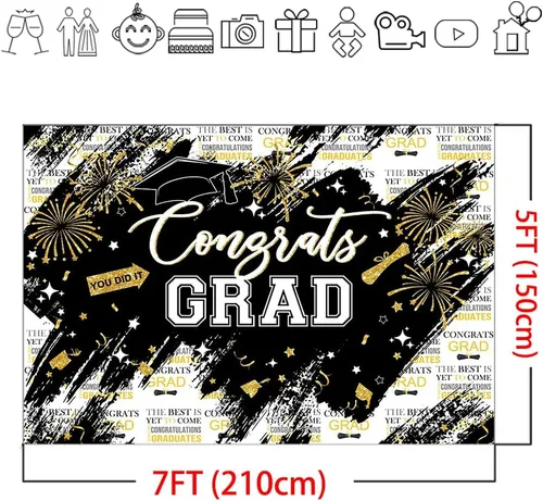 Miniatura 6 de Mocsicka Telón de fondo de graduación de 7 x 5 pies – Congrats Grad Black Gold 2026 decoraciones de fiesta de graduación, fondos de fotografía