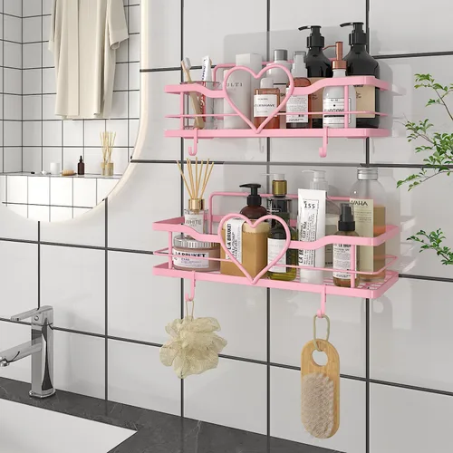 Miniatura 7 de Organizador de ducha rosa con 4 ganchos extraíbles, 2 paquetes de estantes de ducha Sweet Heart, estante organizador adhesivo sin perforaciones