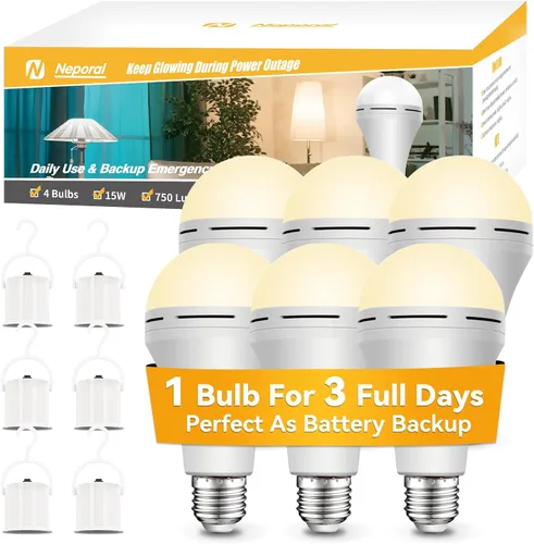 Miniatura 4 de Bombillas de Luz de Emergencia Recargables Neporal Permanecen Encendidas Cuando Falla la Energía del Hogar, LED de 15W Equivalente a 80W 1200mAh