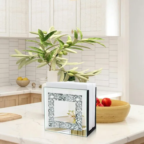 Miniatura 2 de Servilletero de diamante triturado de cristal, soporte vertical cuadrado con espejo, bonito soporte de servilleta de espejo de vidrio para mesa