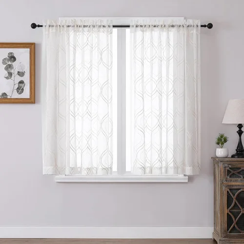 Miniatura 42 de VISIONTEX Cortinas traslúcidas blancas de 63 pulgadas de largo, juego de 2 paneles de bordado marroquí con puntos beige, tela de gasa bordada