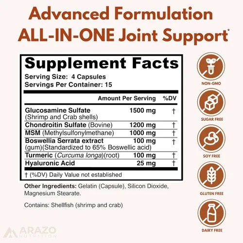 Miniatura 2 de Arazo Nutrition Glucosamina Condroitina Cúrcuma MSM Boswellia - Suplemento para el alivio de las articulaciones 60 cápsulas para huesos, espalda