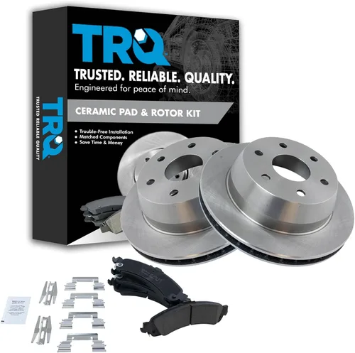 TRQ Kit de rotor de freno trasero y pastillas de cerámica Posi premium compatible con camioneta Chevy GMC