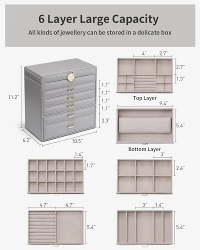 Miniatura 4 de Vlando Joyero grande, organizador de joyas con 5 cajones, cajas de joyería de cuero sintético para mujeres, anillos, pulseras, aretes, collares