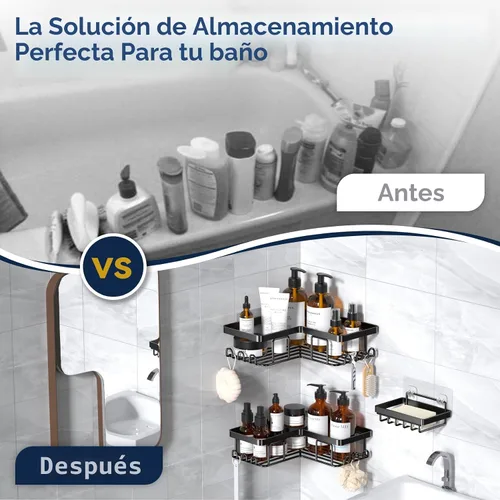 Miniatura 8 de YASONIC Organizador de ducha adhesivo de esquina, con soporte para jabón y 12 ganchos, organizador de baño de acero inoxidable a prueba de óxido