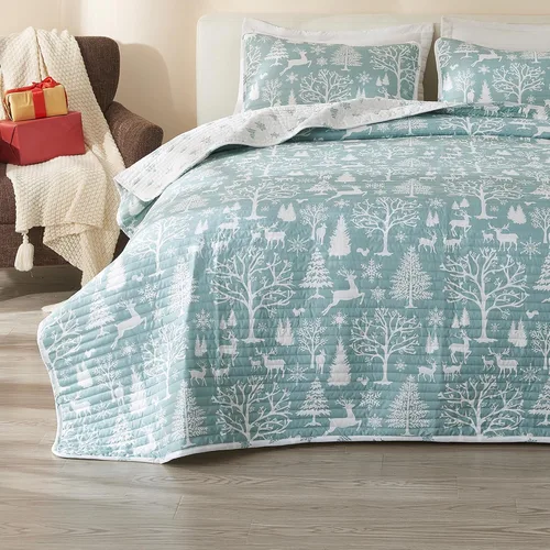 Miniatura 8 de Great Bay Home Juego de edredón navideño de 3 piezas con fundas de almohada. Colcha cubrecama reversible con patrón navideño. Colección Holly Ciervo