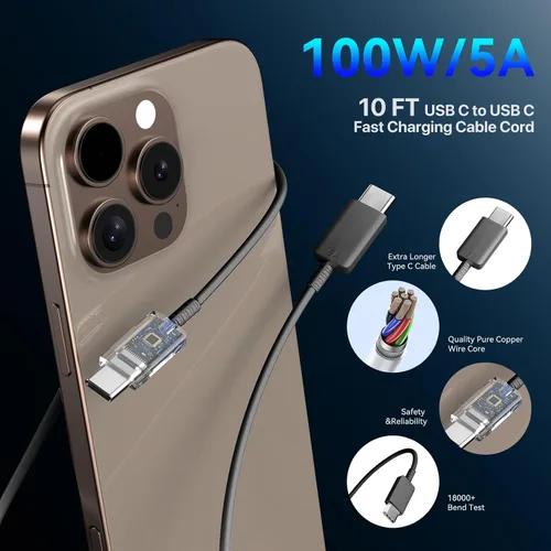 Miniatura 4 de Cargador para iPhone 17, 16, 15, carga rápida, PD de 45 W, cable USB C de 10 pies para iPhone 17/16/15 Pro Max, cable largo de carga con bloque