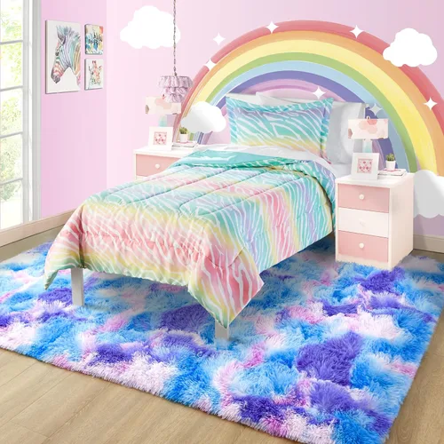 Miniatura 2 de Noahas - Alfombra suave y afelpada para habitación de niña y sala de estar, colorida, decoración para guardería, teñido anudado arcoíris, azul