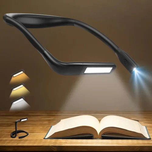 Luz de cuello para leer libros para amantes de la lectura, recargable 2000mAh 10-80Hrs luz de libro amplia amigable para los ojos, regalos de Negro