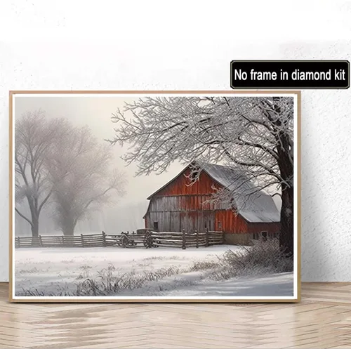 Miniatura 2 de Pintura de diamantes, árbol de nieve, niebla, granero rural, granero, kit de invierno para adultos, pintura de diamantes por números, arte de gemas