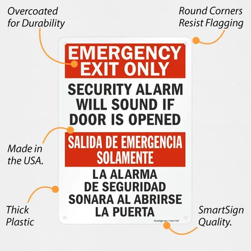 Miniatura 5 de SmartSign Letrero bilingüe "Solo salida de emergencia: la alarma de seguridad sonará si la puerta está abierta", plástico de 10 x 14 pulgadas