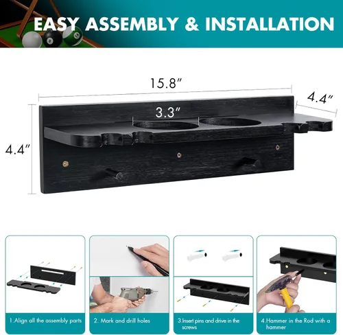 Miniatura 6 de XCSOURCE Soporte para tacos de billar de bambú, montaje en pared, soporte para 4 tacos con portabolas y portavasos, negro, 15.7 x 4.3 x 4.3 pulgadas
