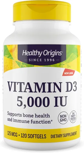 Healthy Origins Vitamina D3 5,000 UI (sin OMG, alta potencia, apoyo óseo, apoyo inmunológico, sin gluten), 120 cápsulas blandas