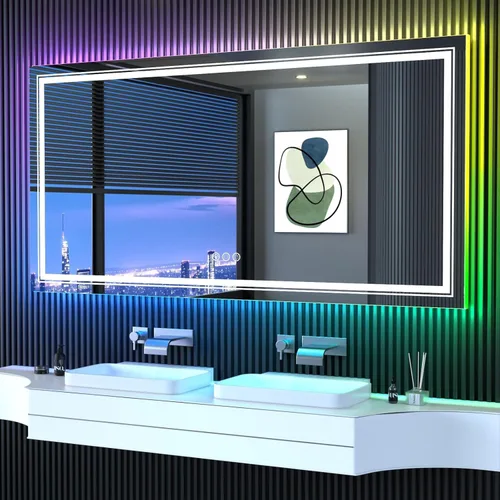 Miniatura 30 de Snowdool Espejo LED de baño, 32 x 32 pulgadas con luz frontal y retroiluminada, antivaho, espejo de tocador de baño para pared, función de memoria