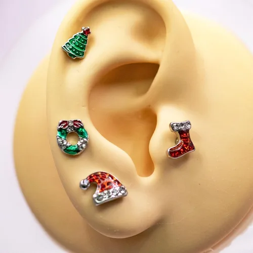 Miniatura 6 de VERAMI 4 aretes de cartílago de 16G 316L de acero inoxidable para árbol de Navidad, corona, sombrero de Navidad, botas, hélix, tragus, concha