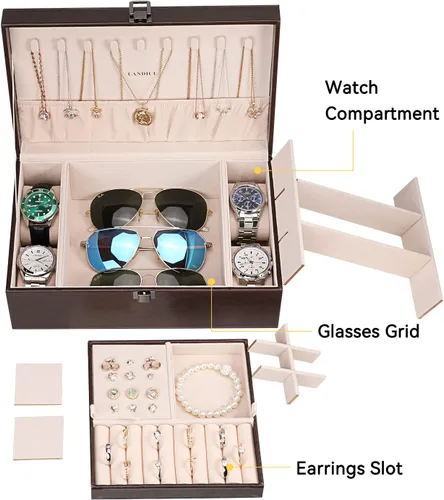 Miniatura 4 de LANDICI Joyero organizador para mujeres y niñas estuche grande de 2 capas para hombres con bandeja extraíble soporte de almacenamiento de joyas