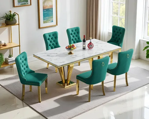 Miniatura 46 de Henf Juego de mesa de comedor de mármol sintético de 68 pulgadas para 6, juego de mesa de comedor de 7 piezas con 6 sillas copetudas de terciopelo