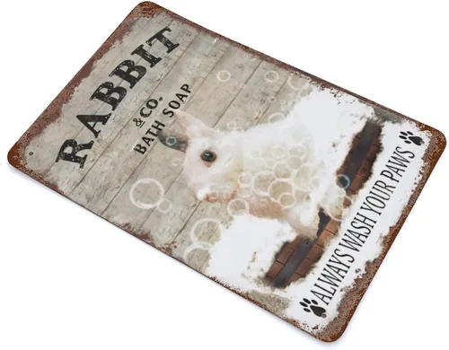 Miniatura 3 de Placa colgante de hierro vintage con diseño de conejo y jabón de metal con texto en inglés "Wash Your Paws", letrero de hojalata retro divertido
