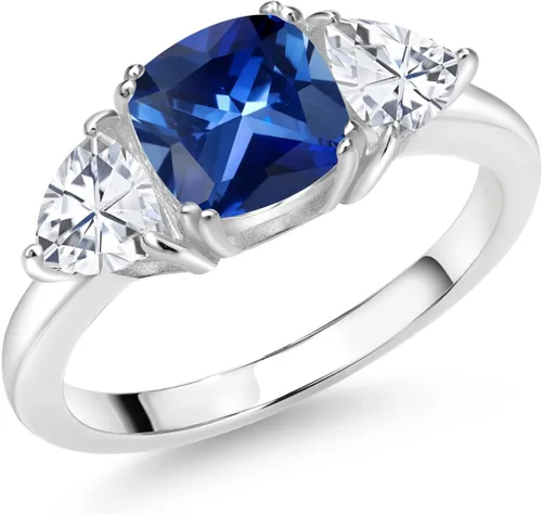 Miniatura 13 de 925 Sterling Silver Gemstone Birthstone and White Moissanite 3-Stone Engagement Ring for Women 7MM Cushion and 5MM Trillion Accents Three Stone