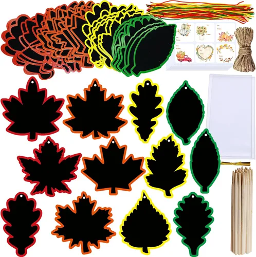 Miniatura 2 de Winlyn 48 juegos de 12 estilos mágicos de color negro rayado hojas de otoño adornos de hojas de otoño hojas de otoño kits de manualidades