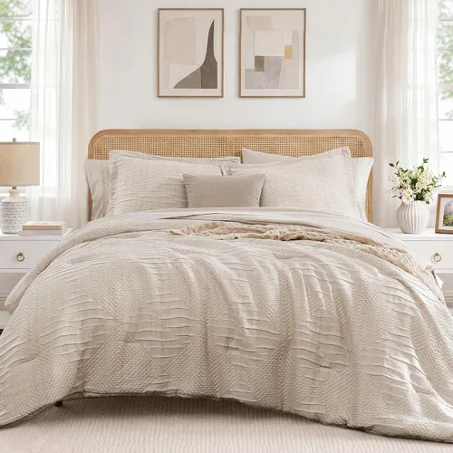 MaiRêve Juego de edredón de tamaño completo, color beige, diseño texturizado arrugado, juego de ropa de cama bohemio de 7 piezas en una bolsa, juego