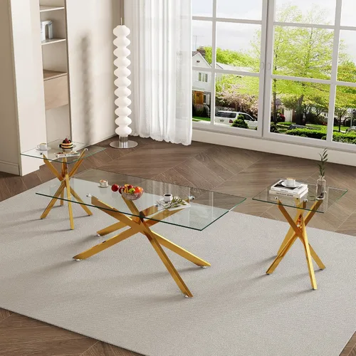 IANIYA Juego de sala de estar, mesa de centro de cristal y 2 mesas auxiliares con diseño moderno, juego de 3 (mesa auxiliar pequeña + 2 mesas Dorado