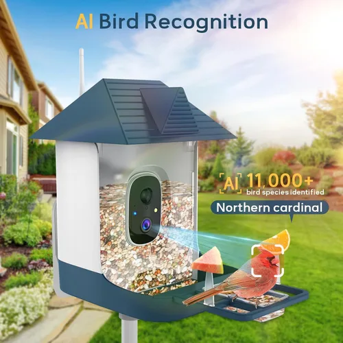 Miniatura 4 de Comedero para pájaros con cámara, cámara de comedero inteligente WiFi para exteriores con reconocimiento de aves AI incorporado, energía solar