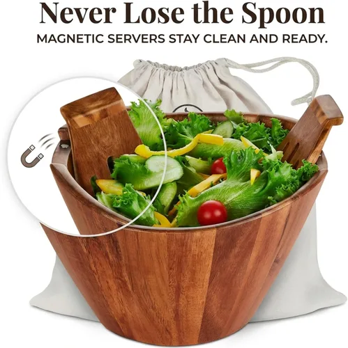 Miniatura 3 de Night Tree Ensaladera grande de madera con tenedores para servir, juego de ensaladera de madera para alimentos o frutas, utensilios magnéticos aptos