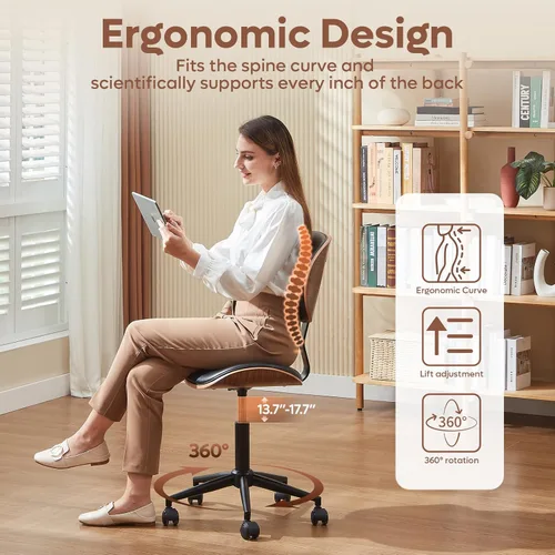 Miniatura 3 de Bestier Silla de oficina pequeña con soporte de respaldo de madera curvada, silla de escritorio sin brazos con giro de 360°, silla de computadora