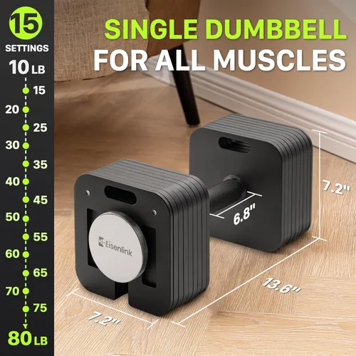 Miniatura 4 de Eisenlink Juego de mancuernas ajustables, 10-50/80 libras, incrementos de 5 libras, mancuernas cuadradas de bloqueo rápido para gimnasio en casa