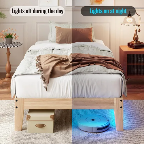 Miniatura 8 de Cama de plataforma de madera maciza de tamaño individual con luz LED, diseño sin ruido con soporte de listones de metal y madera, no necesita