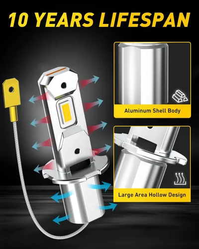 Miniatura 6 de AUXITO Bombilla LED H3 amarilla 3000K, 16,000 lúmenes, 600% súper brillante, 10 años de vida útil, tamaño 1:1 Plug-n-Play, instalación 100%