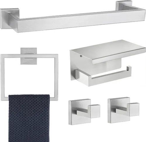 Miniatura 20 de Juego de 5 piezas de accesorios de ferretería para baño en negro mate, juego de toalleros cuadrados de 16 pulgadas para baño, juego de barras
