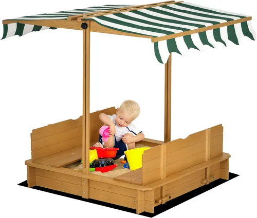 Outsunny Caja de arena de madera con tapa, caja de arena para niños con toldo al aire libre, caja de arena con asientos plegables y protección de