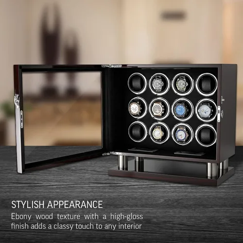 Miniatura 2 de Bobinadora de 12 relojes para relojes automáticos con luz LED y control de pantalla táctil LCD, Ébano + Negro, Compacto
