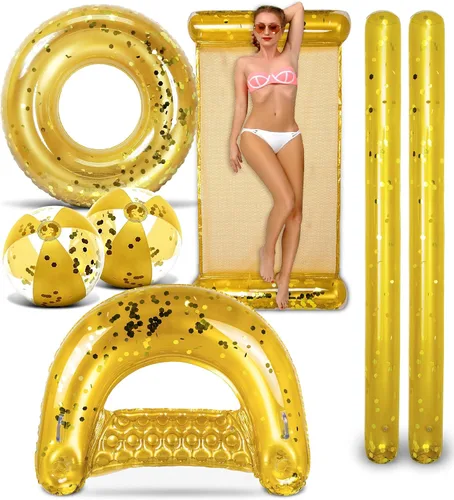 POZA Paquete inflable para casa completa – Tubo flotante de 36 pulgadas con confeti brillante de alta calidad, bolas de playa de 16 pulgadas, fideos