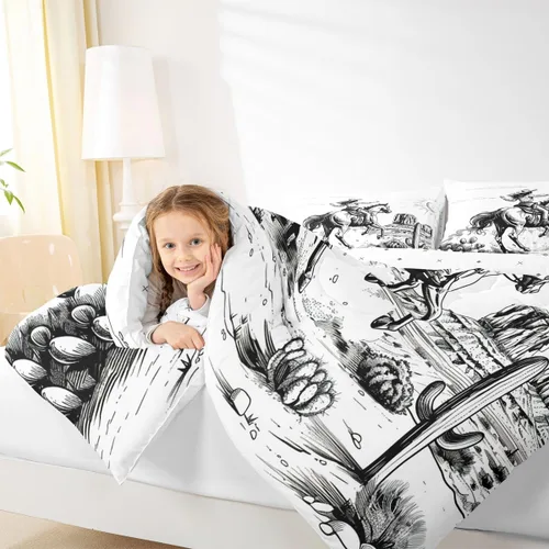 Miniatura 4 de Homewish Juego de edredón de vaquera occidental, tamaño individual, juego de ropa de cama de dibujo de cactus del desierto de caballo salvaje