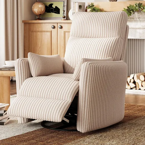 LINSY Silla reclinable giratoria 360, mecedora para guardería con 2 almohadas, silla de enfermería de pana, cómoda silla de enfermería con respaldo