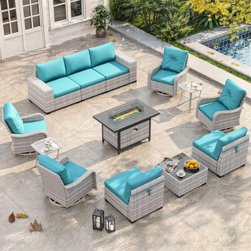 Miniatura 59 de Juego de muebles de mimbre para patio al aire libre de 3 piezas, sillas de patio giratorias mecedoras con respaldo alto con cojines gruesos de 4