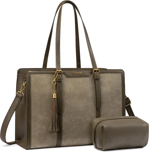 Miniatura 14 de LOVEVOOK Bolsa de mano para laptop para mujer, bolsa de trabajo vintage de 15.6 pulgadas con embrague, bolso grande de cuero para laptop con soporte