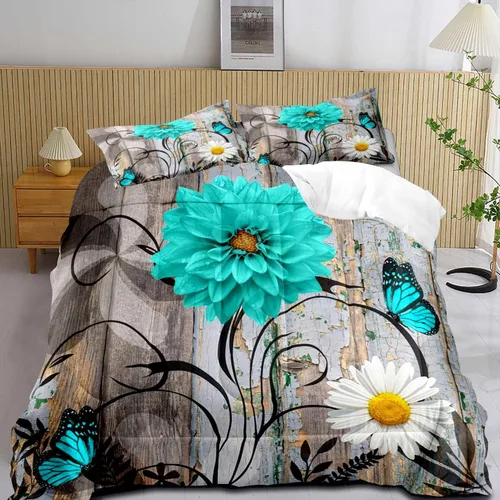 LUVIVIHOME Juego de edredón floral verde azulado, tamaño Queen, juego de ropa de cama de dalia turquesa y margarita blanca, margarita azul y