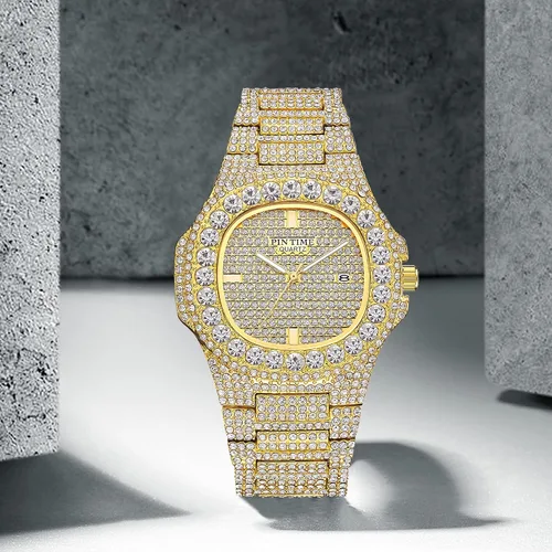 Miniatura 35 de Gosasa Reloj de pulsera unisex de cristal para hombre y mujer, reloj cubano con brillo completo, oblongo de plata/oro, reloj de pulsera de acero