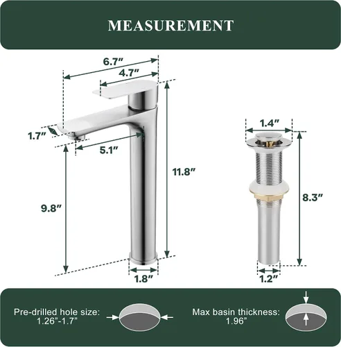 Miniatura 5 de TONNY Grifo de lavabo de baño de níquel cepillado, grifo de baño alto de acero inoxidable para fregadero de buque de un agujero, grifo de tocador