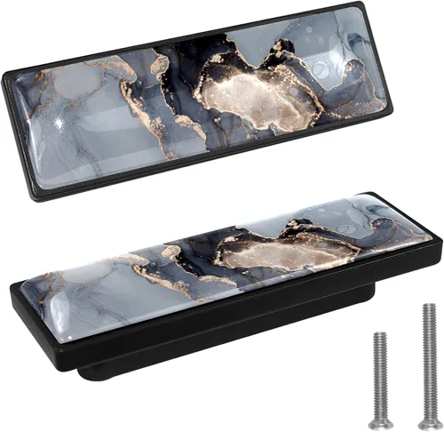 Miniatura 10 de LORVIES Paquete de 4 pomos decorativos de mármol de 3.6 pulgadas para gabinete, vidrio ABS largo rectangular negro, manijas de puerta de cajón