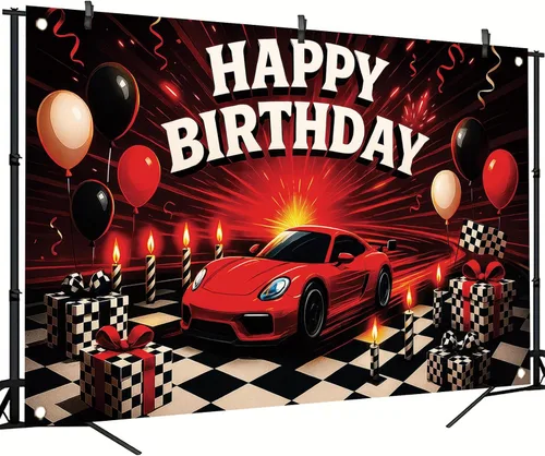 Miniatura 3 de Telón de fondo de auto de carreras con texto en inglés «Happy Birthday» de 71 x 43 pulgadas, para niños, decoración de fiesta de cumpleaños