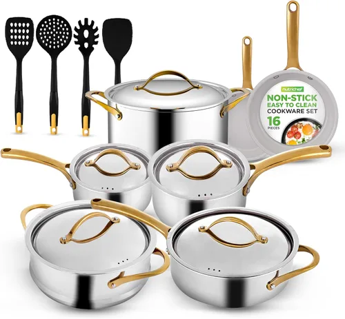 NutriChef Juego de utensilios de cocina de acero inoxidable de 16 piezas, utensilios de cocina de inducción con asas doradas, juego de ollas y