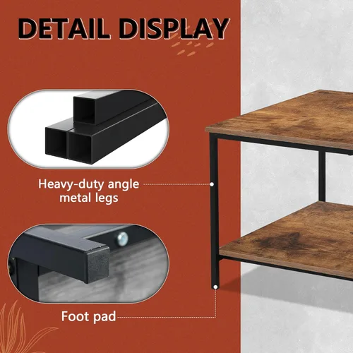 Miniatura 5 de SENIG Mesa de café pequeña rectangular marrón de madera y metal con estante de almacenamiento para salas de estar pequeñas