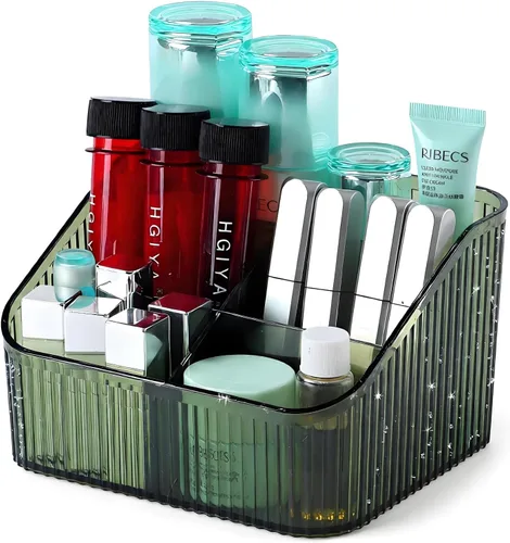 Miniatura 13 de Organizador de brochas de maquillaje ámbar para tocador, organizador de encimera de baño, 5 tazas, almacenamiento y exhibición de artículos