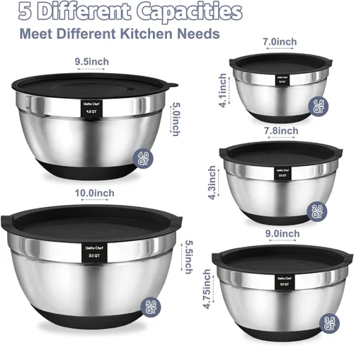 Miniatura 4 de Umite Chef Cuencos para Mezclar con Tapas Herméticas, Juego de 8 Cuencos de Acero Inoxidable para Mezclar Anidables, 3 Accesorios de Rallador y Negro