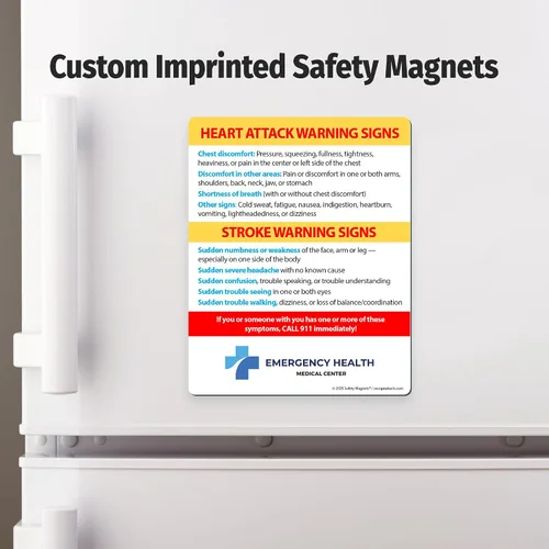 Miniatura 5 de Safety Magnets by ZOCO – Paquete de 100 señales de advertencia de ataque cardíaco y accidente cerebrovascular personalizado para nevera – Folleto